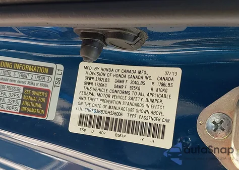 2013 Honda Civic Ex from USA, damaged, VIN 2HGFG3B83DH526006